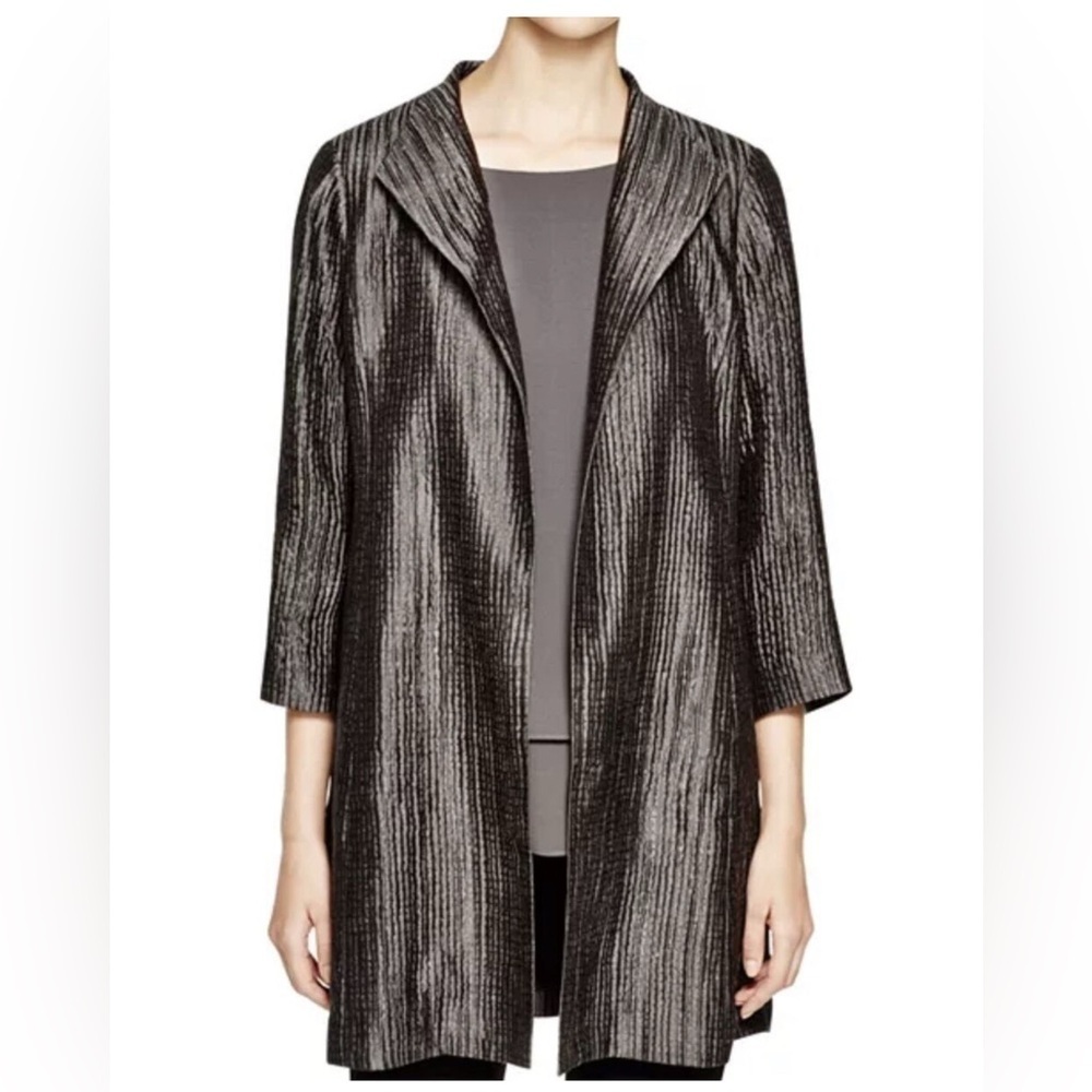 Eileen Fisher Metallic Black Pleated Long Open Jacket